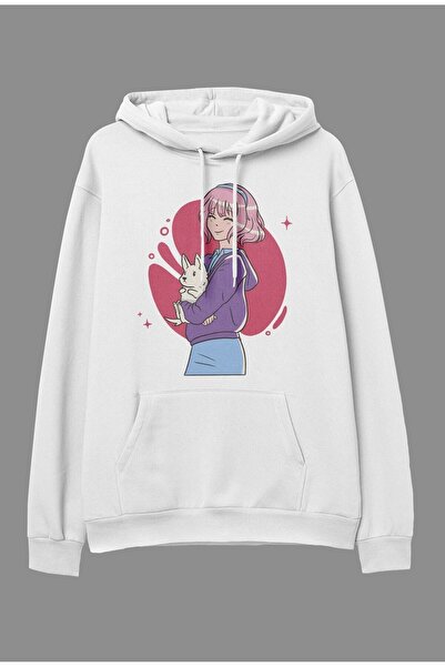 YQYQ Υπερμεγέθης ροζ φούτερ με σχέδιο κορίτσι και κουνέλι, με στάμπα, unisex,...