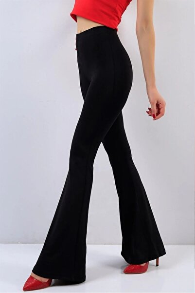 Swana Kadın Siyah Dalgıç Kumaş Bir Beden Inceltici Görünüm Sağlayan Ispanyol Paça Pantolon