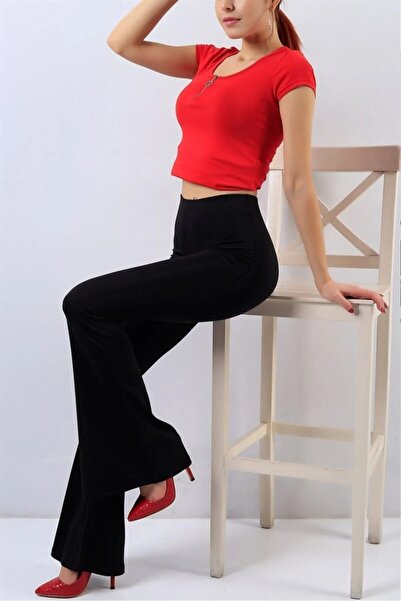 Swana Kadın Siyah Dalgıç Kumaş Bir Beden Inceltici Görünüm Sağlayan Ispanyol Paça Pantolon