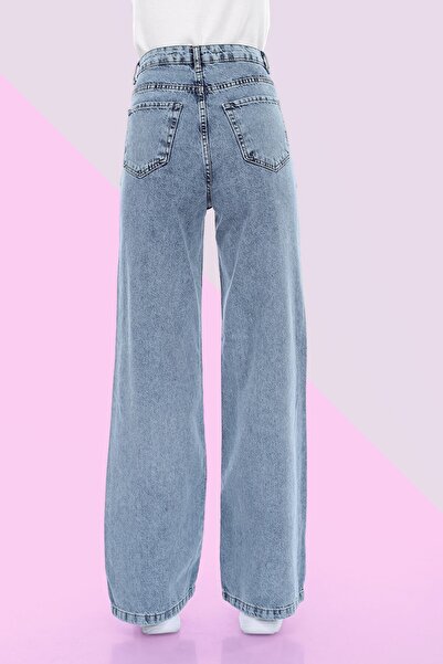 MAKRAS EXCLUSIVE Luna Salaş Açık Mavi Asit Kar Yıkama Süper Yüksek Bel 90's Wide Leg Comfort Likralı Palazzo Jeans