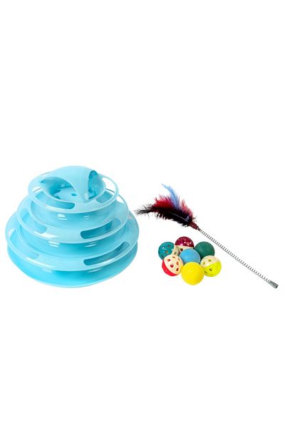 Glipet Tower Of Tracks 4-Layer Round Cat Toy with 7 Balls and Feathers 24 X 13 Cm Turquoise