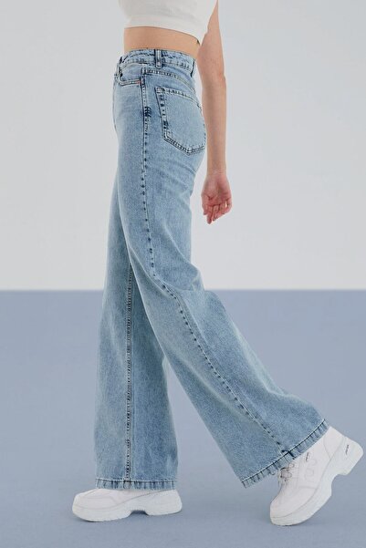 MAKRAS EXCLUSIVE Felix Casual Albastru Deschis Acid Snow Wash Talie Super Inalta Picior Lat Comfort Lycra Palazzo Blugi