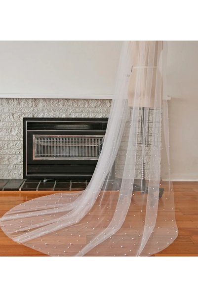 SCKN Aksesuar Off-White Pearl Veil 3m Scalloped Long Veil Pearl Studded Veil