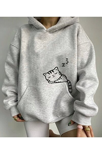 LOUİSA Kapşonlu Oversize Uyuyan Kedi Baskılı Gri Sweatshirt