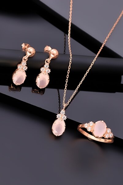 Miavi Silver 925 Ayar Gümüş Gül Kuvars Taşlı Set