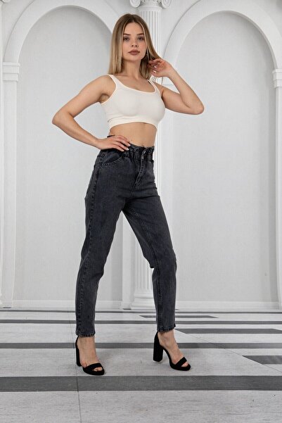 MAKRAS EXCLUSIVE A123786 Anthracite Elastic Waist High Waist Mom Jeans Drawstring Waist Jeans