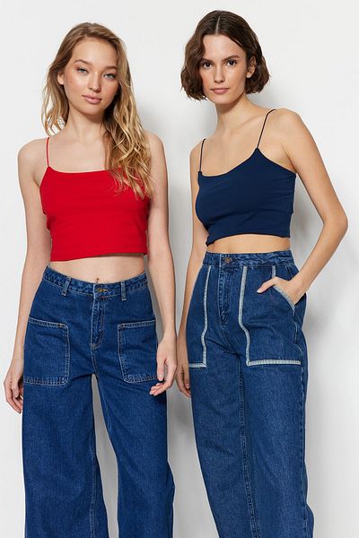 Trendyol Collection Sötétkék-piros 2 csomag pamut spagetti pántos Crop rugalmas, kötött felső TWOSS21AL0196