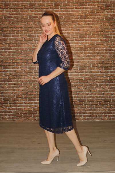 Nidya Moda Büyük Beden Kloş Lacivert Dantel Abiye Elbise-4036l