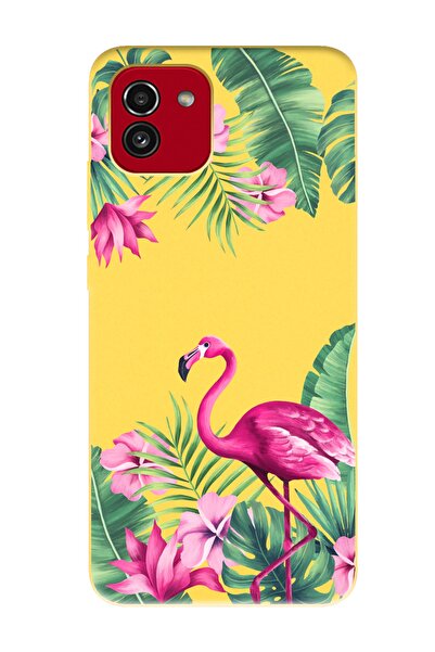 Spoyi Samsung A03 Tropical Flamingo Tasarımlı Sarı Lansman Telefon Kılıfı