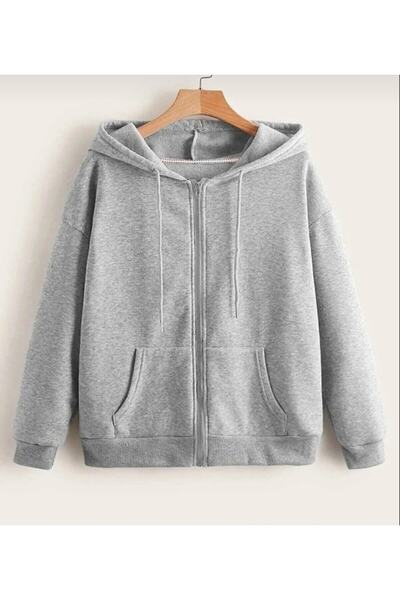 FATELLA Unisex Kapüşonlu Önü Fermuarlı Cepli Ince Penye Basic Sweatshırt Hırka