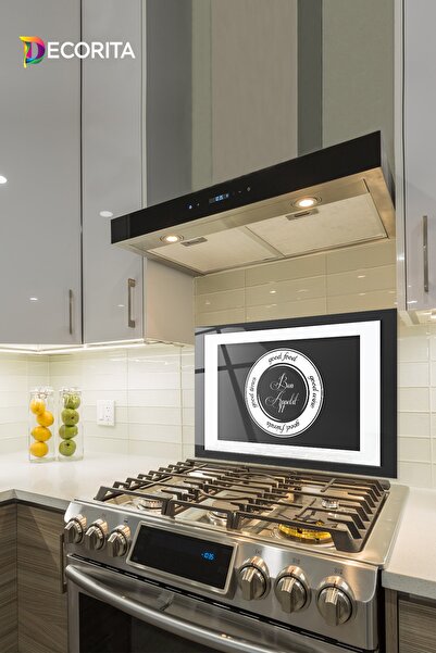 Decorita Cam Ocak Arkası Koruyucu | Good Food - Siyah Fon | 49,5cm X 76cm