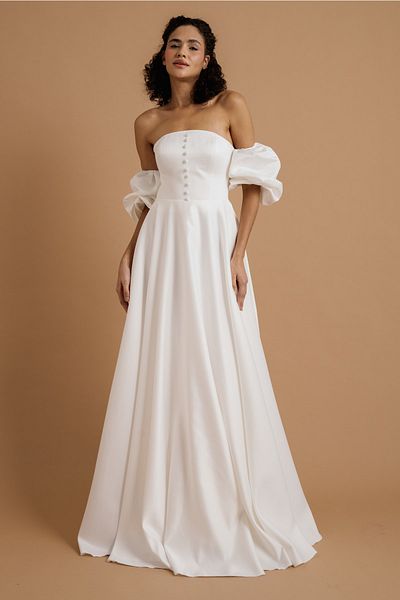 Lenta Moda White Button Detailed Satin Evening Dress and Evening Dress