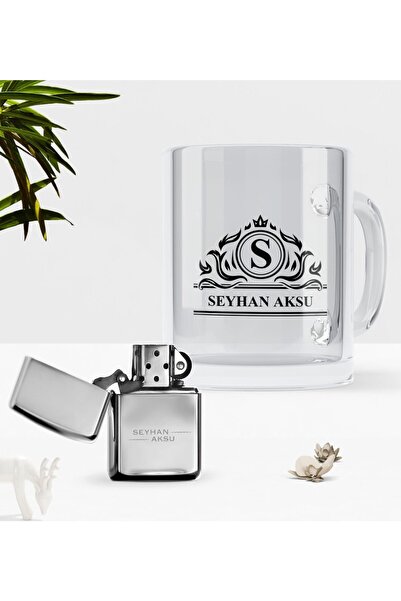 Bk Gift Babalar Gününe Özel İsimli Cam Kupa Bardak Benzinli Metal Çakmak Seti-12