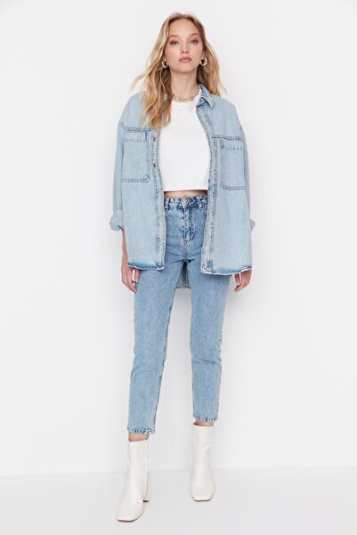 MAKRAS EXCLUSIVE Kadın Kar Yıkama Mom Açık Mavi Yüksek Bel Boyfriend Jean