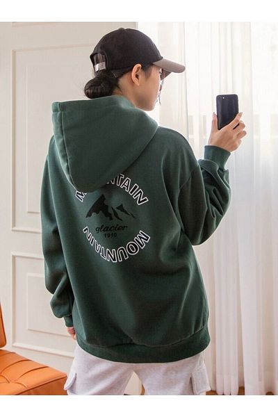 AFROGİYİM Women's Green Mountain Printed Three Thread Fleece Hoodie
