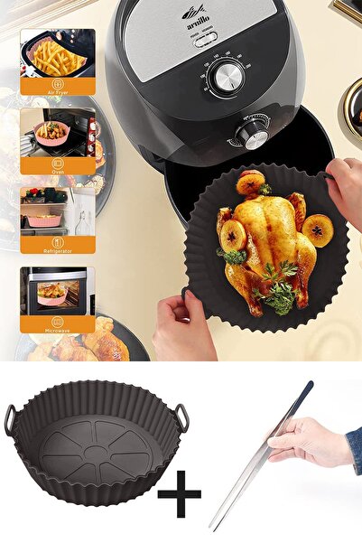 VİGENTİNO Antrasit Airfryer Silikon Kabı Ve Şef Cımbız Maşa Seti - Airfryer P...