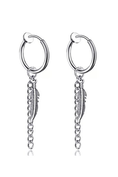 Jaida Moda Unisex Gray Feather Dangle Compression Non-Perforated Steel Earrings 2 Pieces