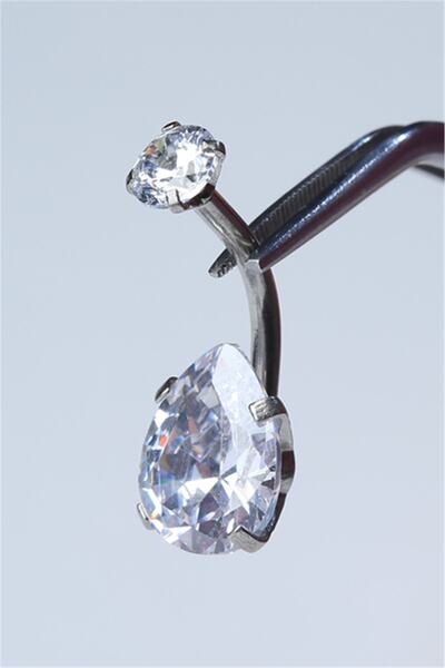 Beyaz Damla Taş Büyük Boy Göbek Silver Piercing