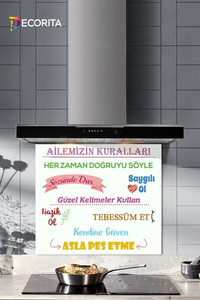 Decorita Cam Ocak Arkası Koruyucu | Beyaz Fon - Aile Kuralları | 52cm X 60cm