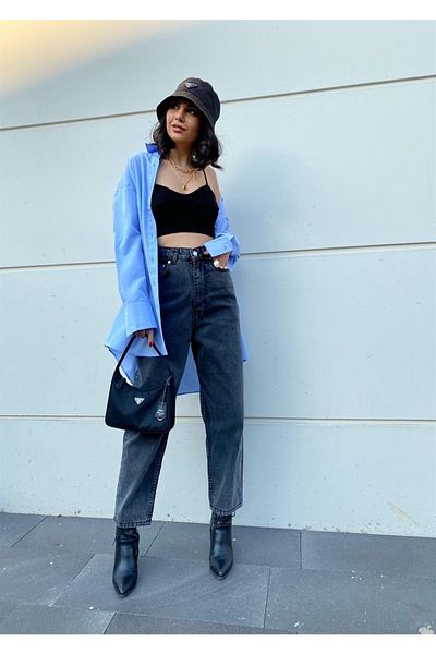 LİMABEL Ισπανικό ψηλόμεσο καπνιστό Snow Mom Jeans Lycra Colorfast Smoked Extra Comfortable Mom Jeans
