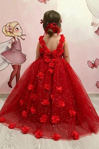 mashokids Kristal Tüllü - Kırmızı Güllü -kabarık Taçlı Kız Çocuk Elbise