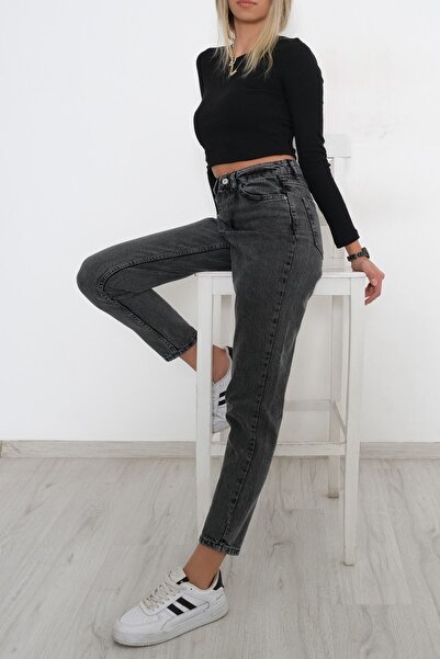 Livik Maria High Waist Smoked Snow Mom Jeans Lycra Colorfast Smoked Extra Comfortable Mom Jeans