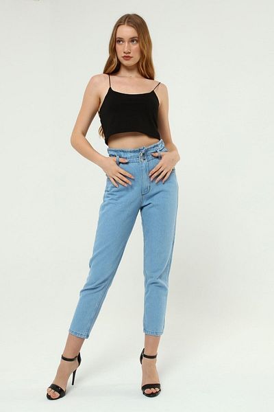 MAKRAS EXCLUSIVE Pantaloni Mom Jean adunați cu centură cu talie foarte înaltă pentru femei Ice Blue