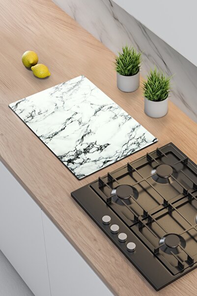 Decorita Ocak Yanı Hazırlık Camı | Beyaz Mermer Görünümlü | 40cm X 60cm