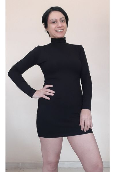 Mertcan Butik Rochie mini-creion neagră cu gât roscat din bumbac pieptănat din viscoză
