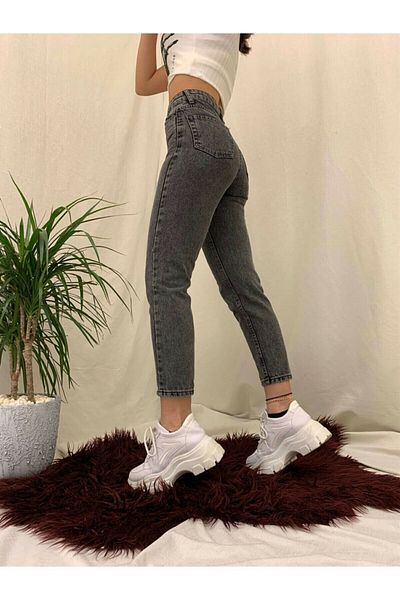 LİMABEL Ψηλόμεσο Lycra Mom Jeans - Καπνιστό, Extra Άνετο Τζιν Παντελόνι