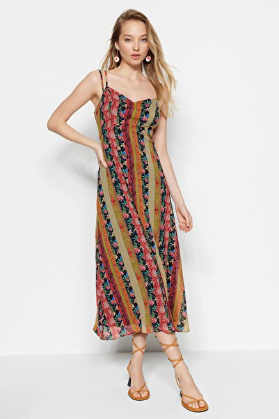 Trendyol Collection Többszínű mintás A-szabású pántos Midi bélelt szőtt ruha TWOSS23EL00989