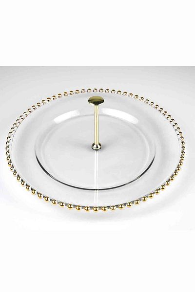 HERITAGE Gold Gilded Detailed Bead Glass Serving Plate with Shelf 34 Cm