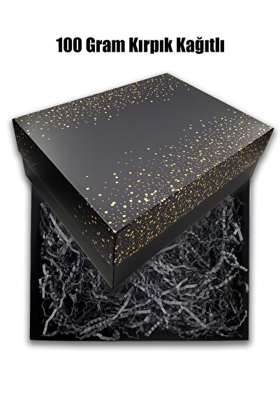 Uniq34 Siyah Hediye Kutusu, Kırpık Kağıtlı (32X24X11 CM), Büyük Boy, Gold Bas...