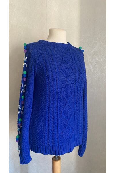 Kübra Tekin Işlemeli Saks Mavi Kazak