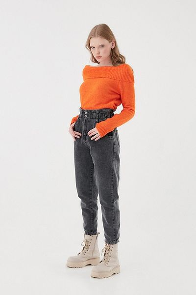 MAKRAS EXCLUSIVE Sara High Waist Lycra Gathered Anthracite Mom Jean