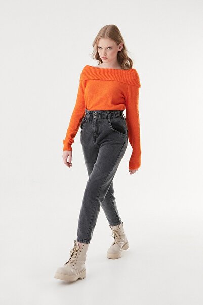 MAKRAS EXCLUSIVE A167107 High Waist Lycra Gathered Anthracite Mom Jeanfrango Belted Denim Pants