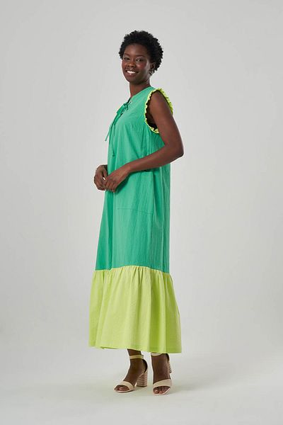 Mizalle Green Dress with Color Block Placket