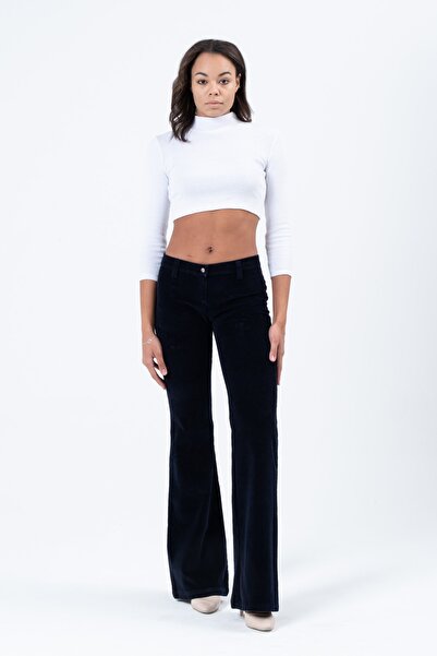Barkaist Kadın Lacivert Düşük Bel İspanyol Paça Fitilli Kadife Pantolon