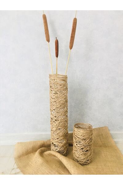 Asenya Hasır Örgü Vazo 50 Cm Tasarım Hasır Örgülü Çiçeklik Yapay Çiçek Vazosu Dekoratif Saksı