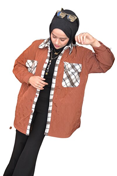ASELA. Ekose Detay Oversize Kiremit Renk Kapitone Ceket