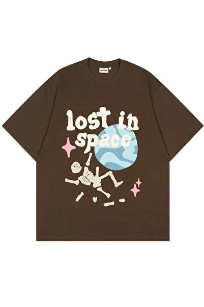 Benisengiydir Brown Lost In Space Printed Crew Neck Oversize Men's T-Shirt