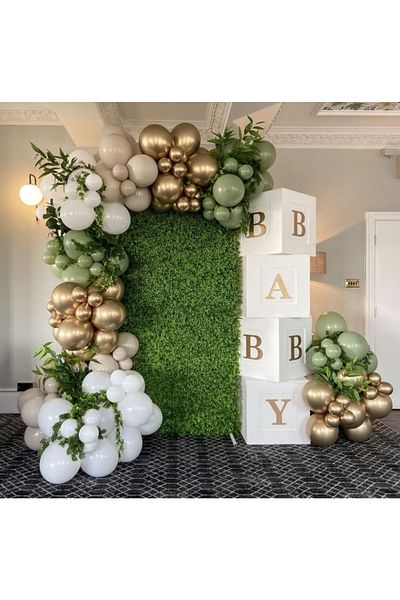 MERİ PARTİ Mold Green Beige White Gold Chrome Concept 100 Piece Balloons and Balloon Chain Set