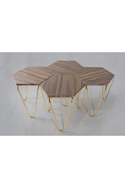 Veys Sehpa 4 Lü Gold Piramit Zigon Sehpa - Ceviz