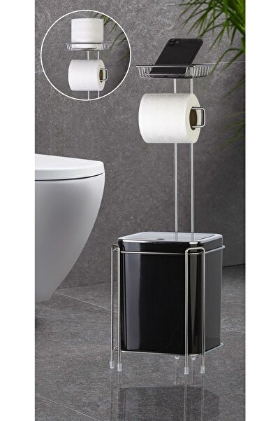 PAKSOY TİCARET Krom Yedekli Wc Kağıtlık Ve Siyah Çöp Kovası