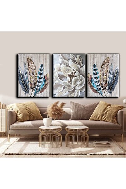 HEDİYE AKSESUARCIM Yağlı Boya Efektli Çiçek Kuş Tüyü Kombini Set Kanvas Tablo...