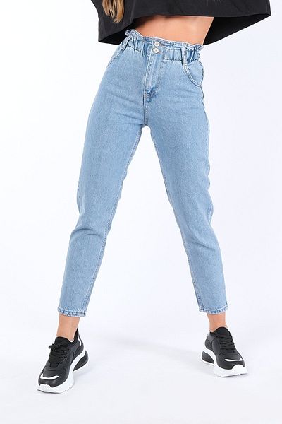 MAKRAS EXCLUSIVE Blugi Mom cu talie elastică, albastru gheață, pentru femei