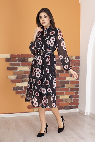 Neşeli Butik Γυναικείο πουκάμισο με γιακά ζωσμένο με φλοράλ μοτίβο φόρεμα σιφόν Ry0031