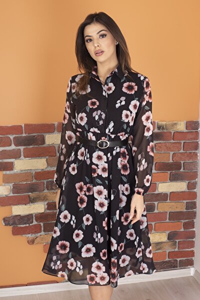 Neşeli Butik Γυναικείο πουκάμισο με γιακά ζωσμένο με φλοράλ μοτίβο φόρεμα σιφόν Ry0031