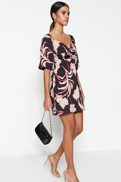 Trendyol Collection Rochie neagră țesută cu model, mini bumbac, cu croială dreaptă, TWOSS23EL00284