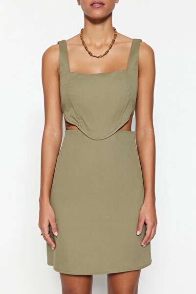 Trendyol Collection Khaki A-vonalú mini pamut derék mélyen dekoltált négyzet gallérral bélelt szőtt ruha TWOSS23EL00596